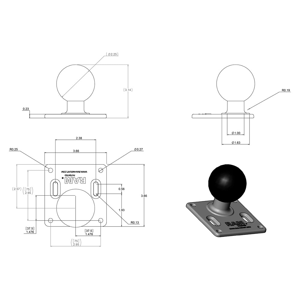 RAM Mount 75mm x 75mm VESA 3625 Plate w225 D Size Ball