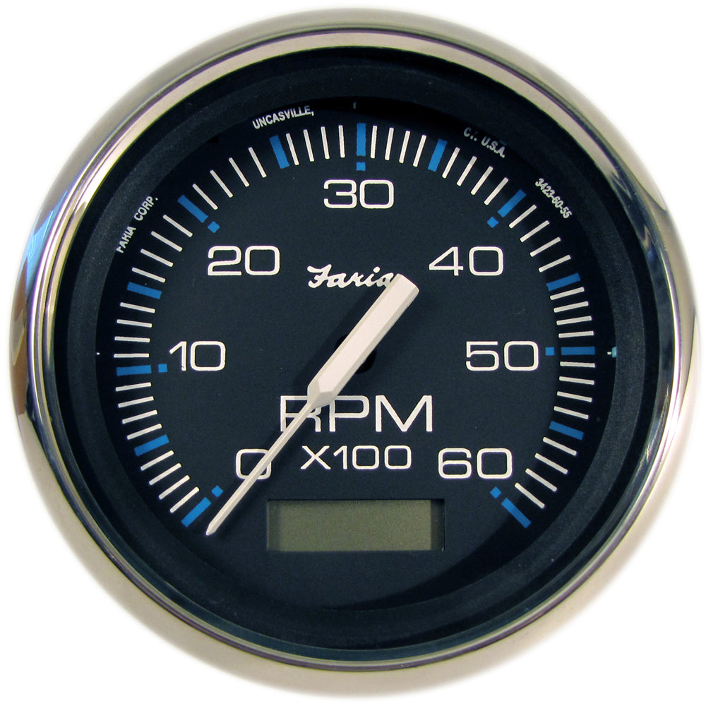 Faria Chesapeake Black 4 Tachometer wHourmeter  6000 RPM Gas Inboard