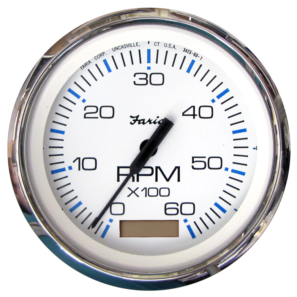 Faria Chesapeake White SS 4 Tachometer wHourmeter  6000 RPM GasInboard