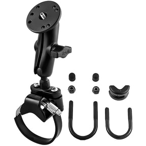 RAM Mount Strap Clamp Roll Bar Mount wStandard Length Double Socket Arm  25 Round Base w1420 Male Threaded Post