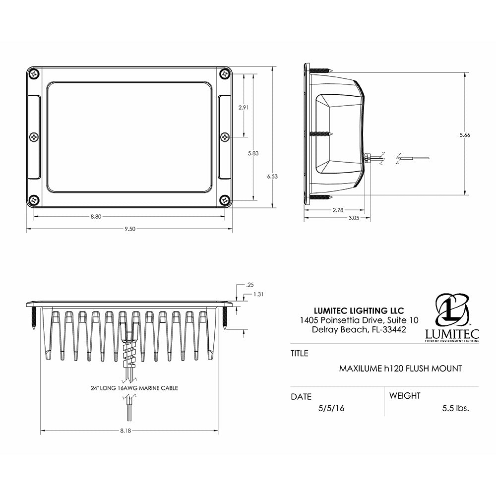 Lumitec Maxillume h120  Flush Mount Flood Light  White Housing  White Dimming