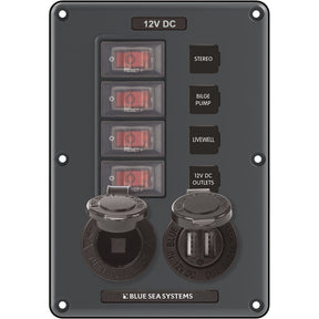 Blue Sea 4321 Circuit Breaker Switch Panel 4 Position  Gray w12V Socket  Dual USB