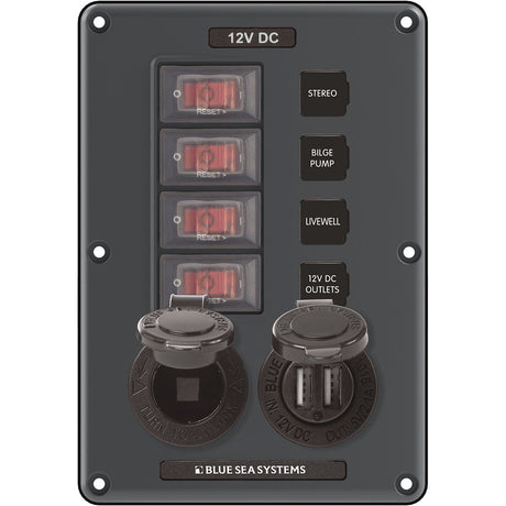 Blue Sea 4321 Circuit Breaker Switch Panel 4 Position  Gray w12V Socket  Dual USB