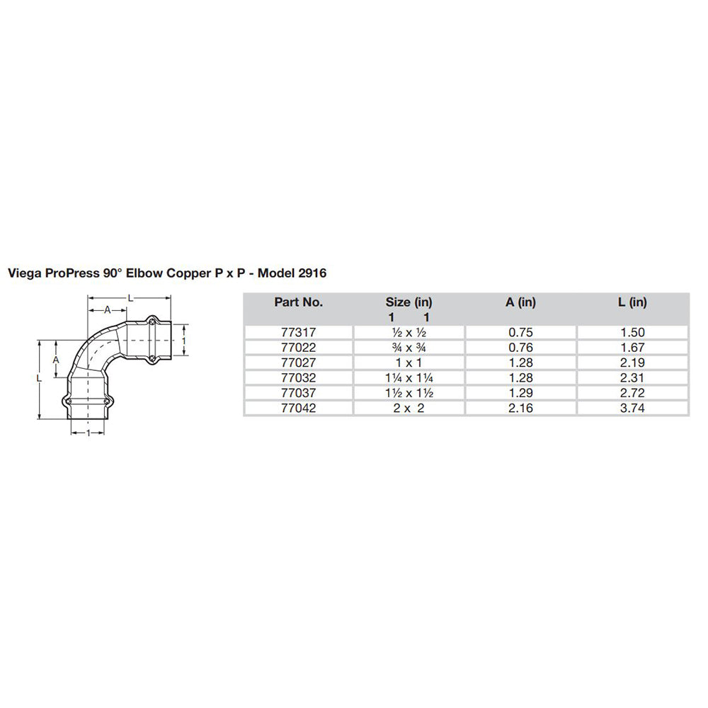 Viega ProPress 2  90 Copper Elbow  Double Press Connection  Smart Connect Technology