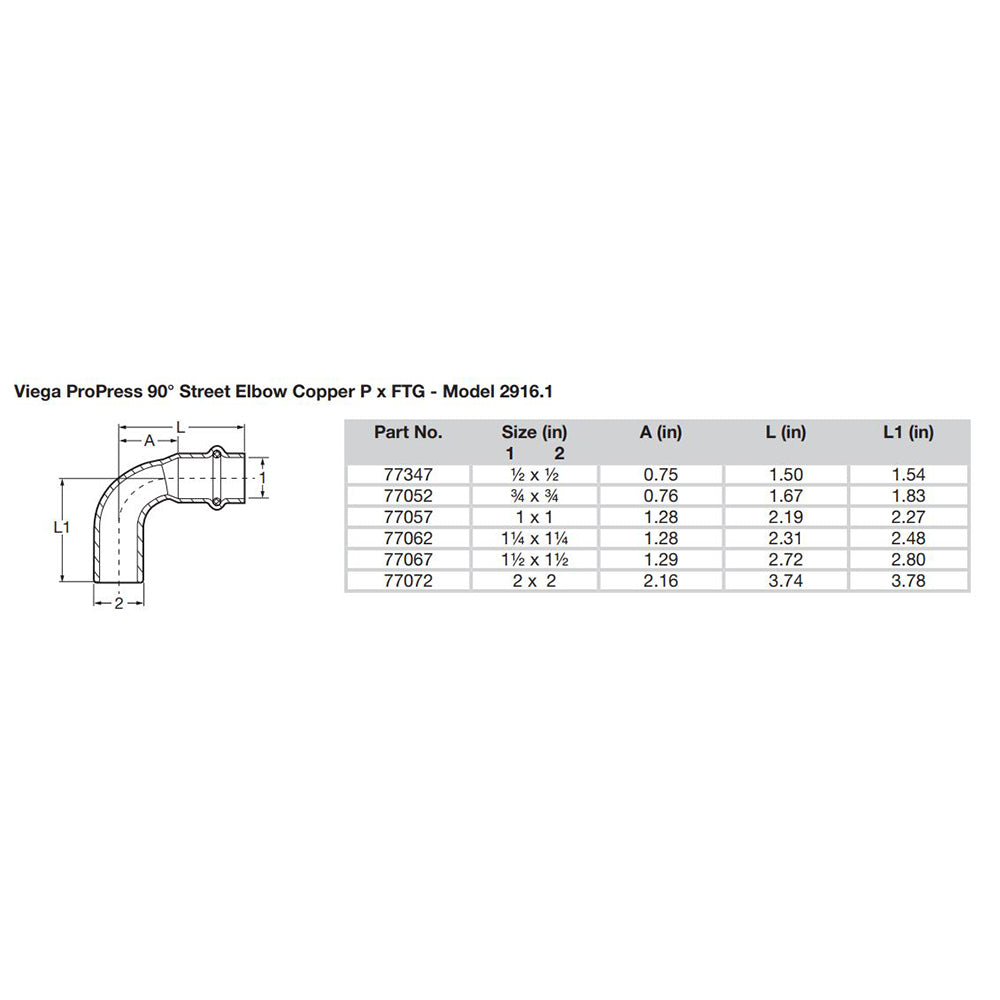 Viega ProPress 1  90 Copper Elbow  StreetPress Connection  Smart Connect Technology