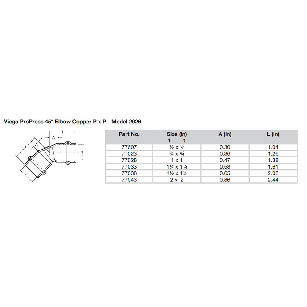 Viega ProPress 112  45 Copper Elbow  Double Press Connection  Smart Connect Technology