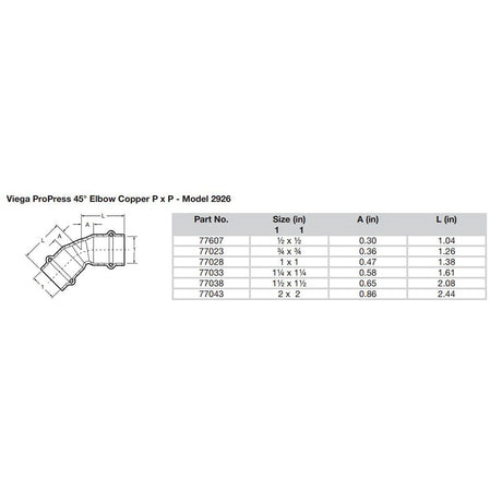 Viega ProPress 2  45 Copper Elbow  Double Press Connection  Smart Connect Technology