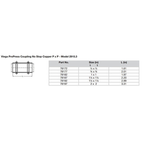Viega ProPress 12 Copper Coupling wo Stop  Double Press Connection  Smart Connect Technology