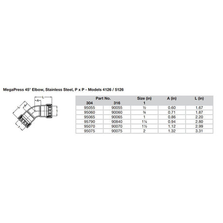 Viega MegaPress 12 45 Stainless Steel 304 Elbow  Double Press Connection  Smart Connect Technology