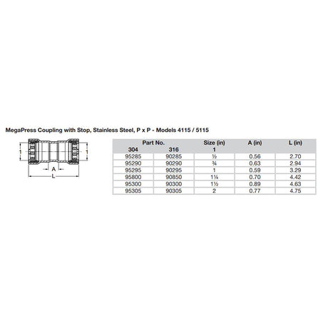 Viega MegaPress 12 Stainless Steel 304 Coupling wStop  Double Press Connection  Smart Connect Technology