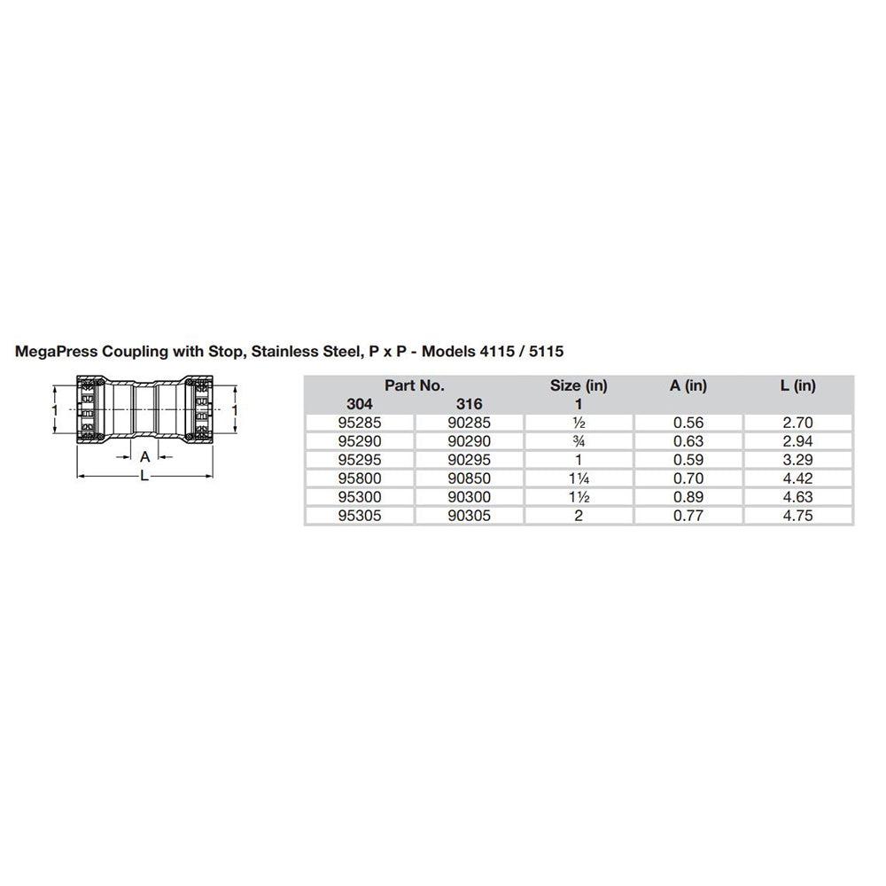 Viega MegaPress 1 Stainless Steel 304 Coupling wStop  Double Press Connection  Smart Connect Technology