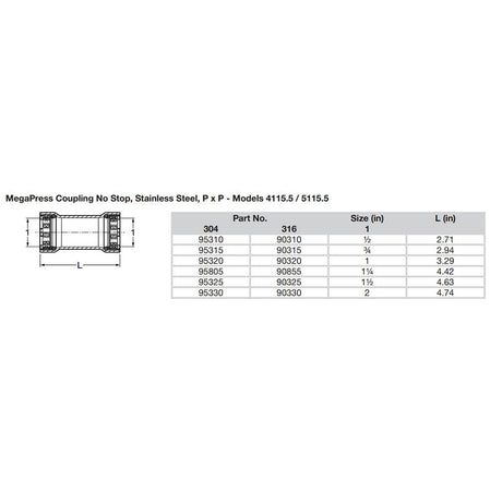 Viega MegaPress 34 Stainless Steel 304 Coupling wo Stop  Double Press Connection  Smart Connect Technology