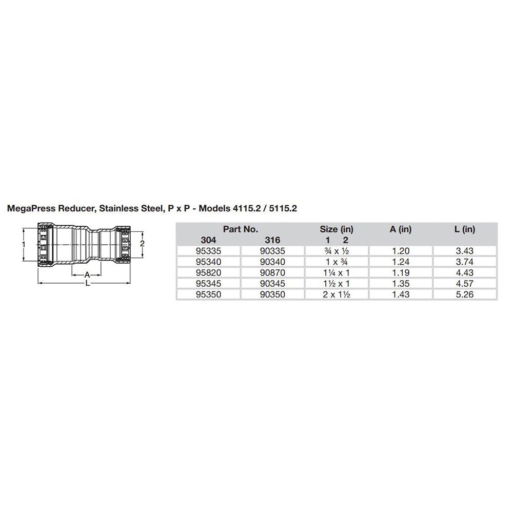 Viega MegaPress 112 x 1 Stainless Steel 304 Reducer  Double Press Connection  Smart Connect Technology