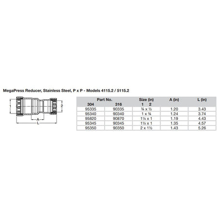 Viega MegaPress 2 x 112 Stainless Steel 304 Reducer  Double Press Connection  Smart Connect Technology
