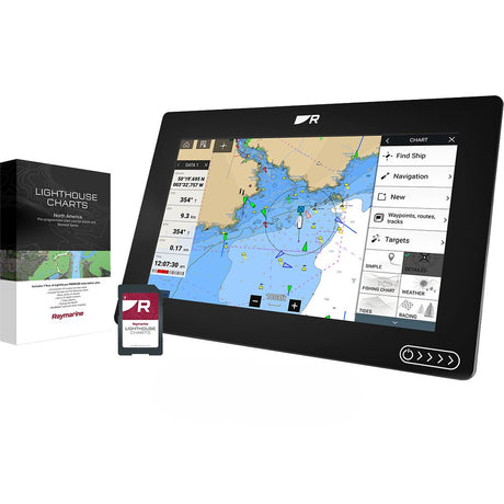 Marine navigation display with Lighthouse Charts packaging and Raymarine logo.