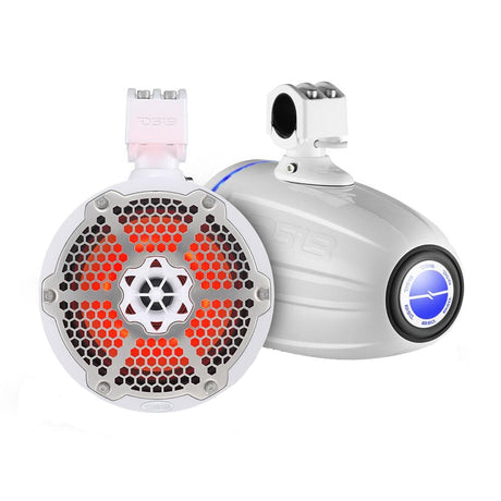 DS18 Hydro 8 Neodymium Marine Towers with Builtin Passive Radiator 1 Driver  RGB LED Light  550 Watts Pair  White