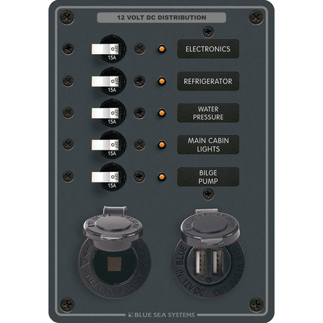 Blue Sea 8120  5 Position 12V Panel wDual USB  12V Socket