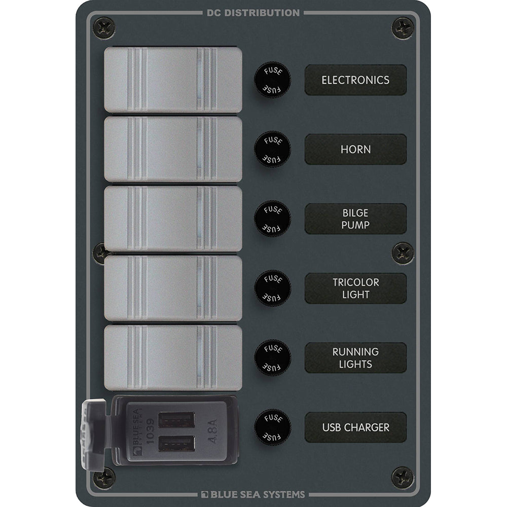 Blue Sea 8121  5 Position Contura Switch Panel wDual USB Chargers  1224V DC  Black