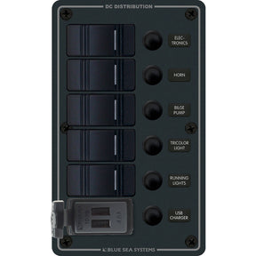 Blue Sea 8521  5 Position Contura Switch Panel wDual USB Chargers  1224V DC  Black