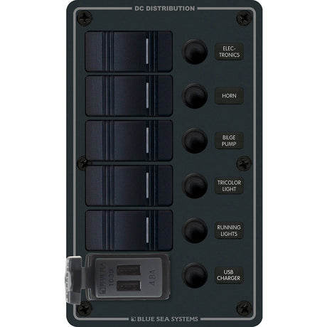 Blue Sea 8521  5 Position Contura Switch Panel wDual USB Chargers  1224V DC  Black