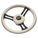Schmitt Marine Torcello Elite 14 Wheel  Beige Leather  Cap  White Stitching  Black SS Spokes  34 Tapered Shaft