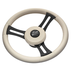 Schmitt Marine Torcello Elite 14 Wheel  Beige Leather  Cap  White Stitching  Black SS Spokes  34 Tapered Shaft