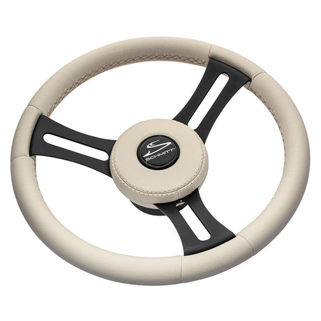 Schmitt Marine Torcello Elite 14 Wheel  Beige Leather  Cap  White Stitching  Black SS Spokes  34 Tapered Shaft
