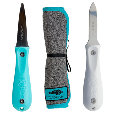 Toadfish Shuckers Bundle  Put Em Back Oyster Knife Professional Oyster Knife  CutProof Shucking Cloth