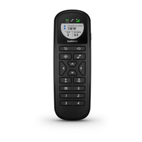 A black Garmin force trolling motor wireless remote with a small display screen and a keypad, shown against a plain white background.